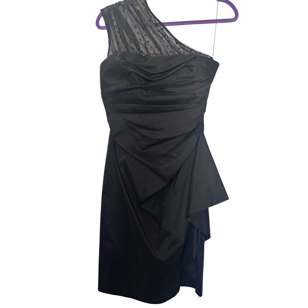 Maggy London One Shoulder Sheath Dress SZ 6 Black Sheer Dot Shoulder Cocktail